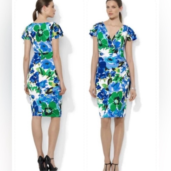 Lauren Ralph Lauren Cannes Blue Floral Flutter Sleeve Matte Jersey Dress Sz 14W - Picture 1 of 17